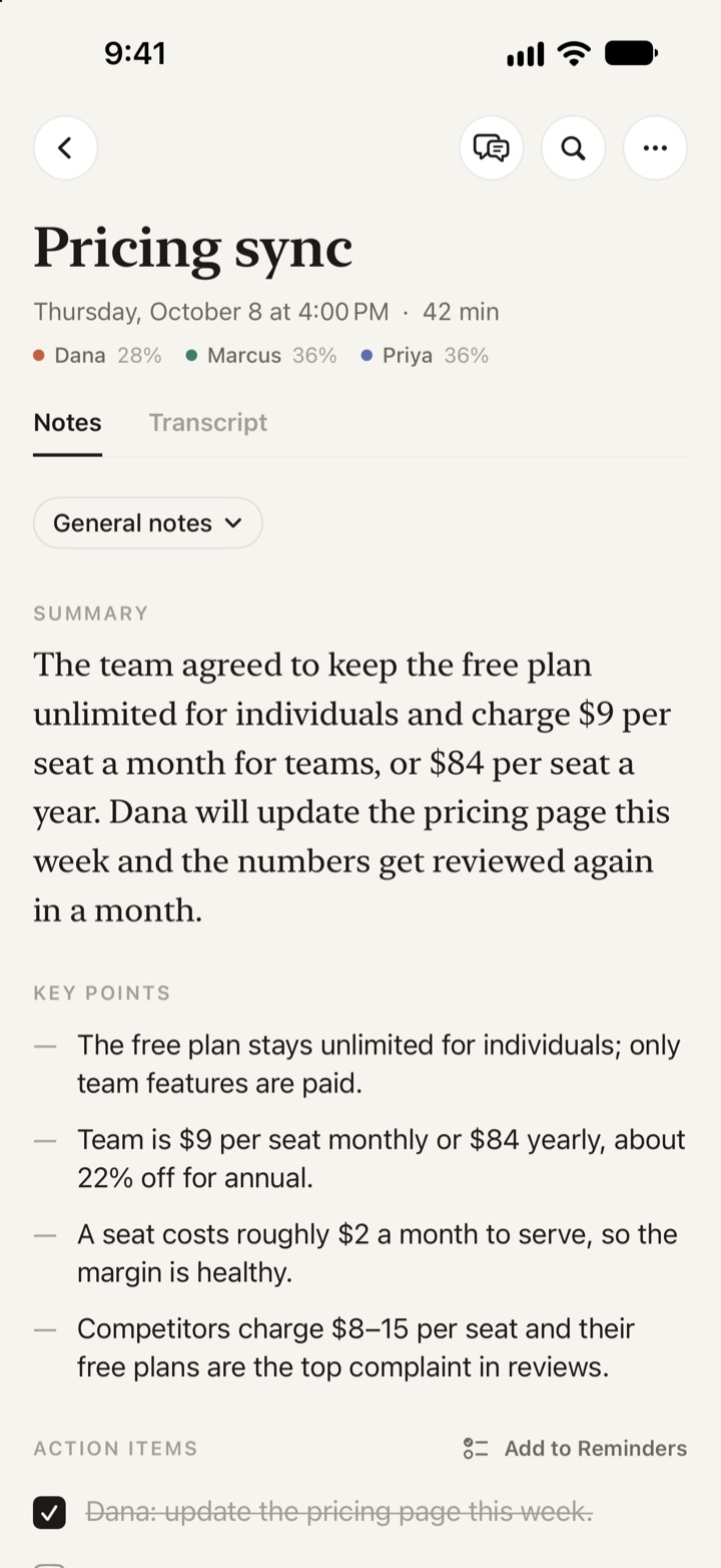 Meeting notes in Ditto: summary, key points and action items